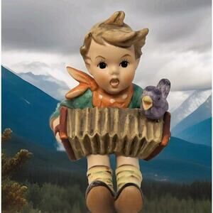 VTG Goebel Hummel Figurine 3.5" Let's Sing #110 Accordion Boy Bird 1980's TMK 6